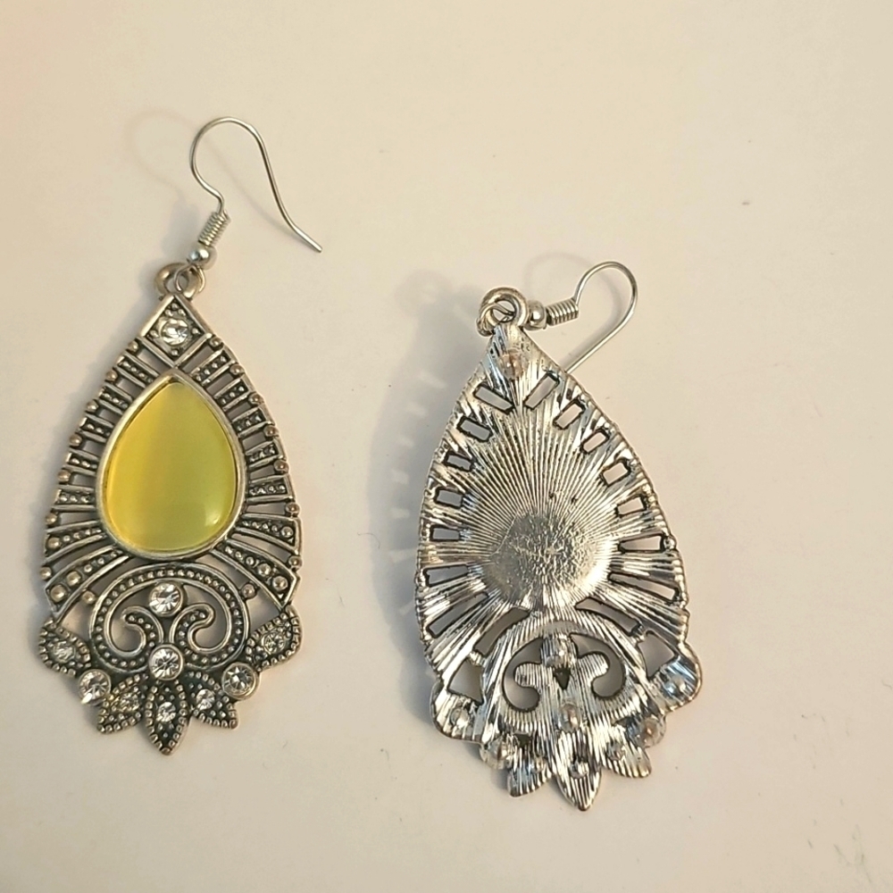 Ornate Yellow Cat's Rye and Silver Teardrop Earrings with Filigree - Picture 3 of 4